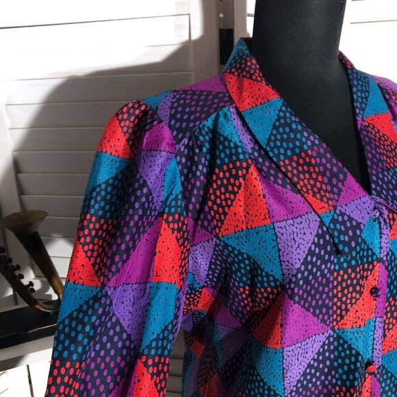 Vintage 80s 90s Blouse Geometric Print Multicolor Size Medium - Picture 5 of 11